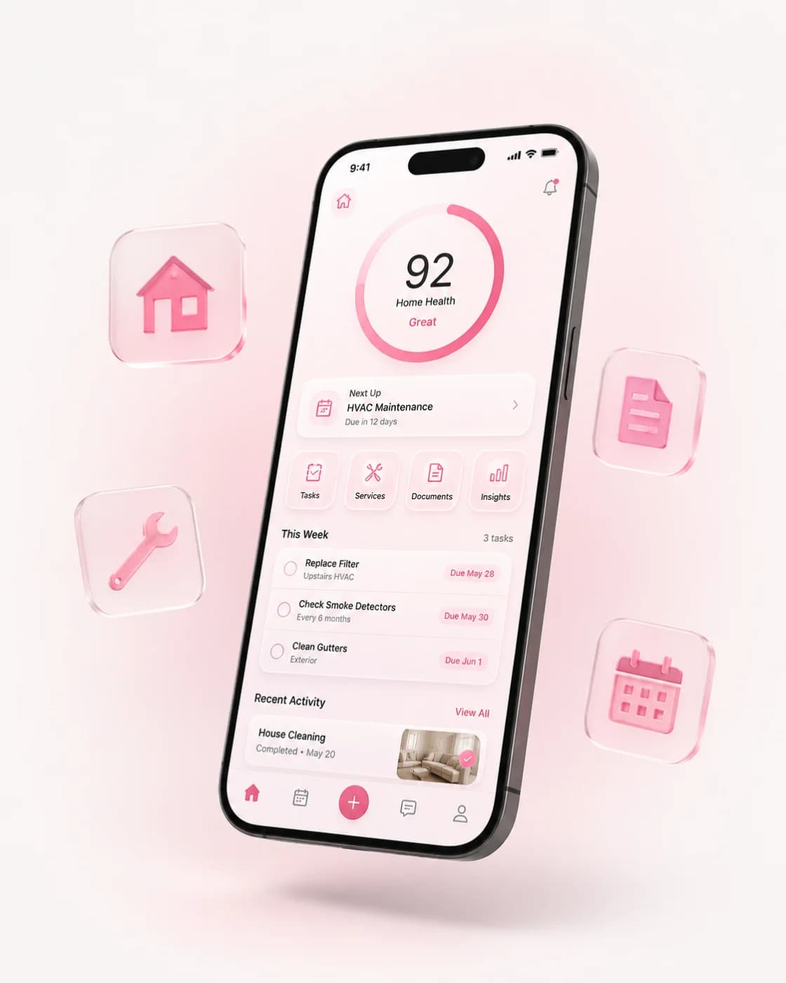 HomePro app on iPhone — Home Health 92, next task and this week's plan, surrounded by floating glass icons