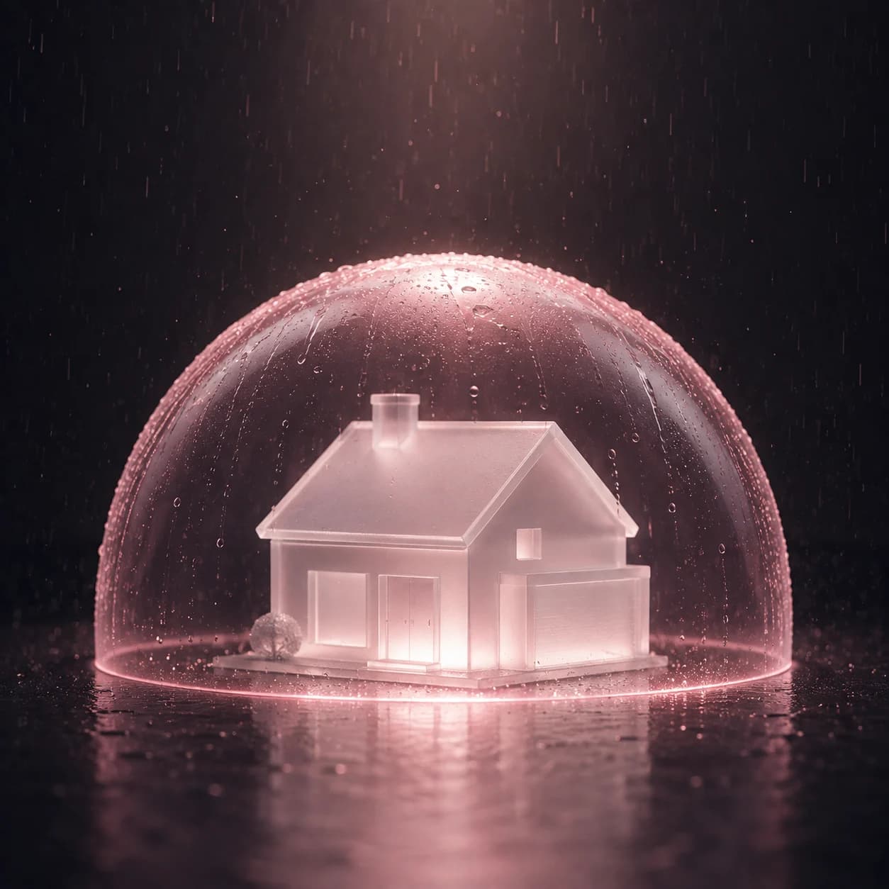 Glass house protected under a glowing dome in the rain